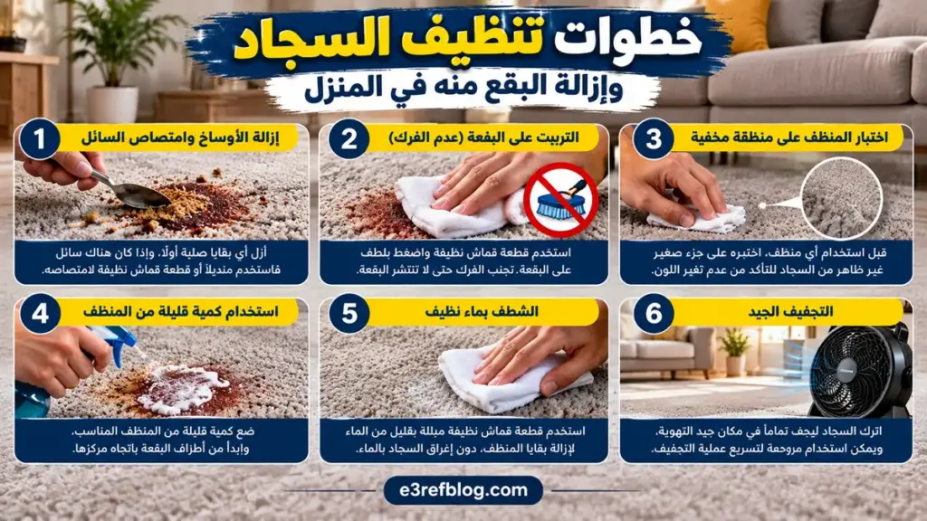 خطوات تنظيف بقع السجاد بالتربيت واختبار المنظف والشطف والتجفيف الصحيح
