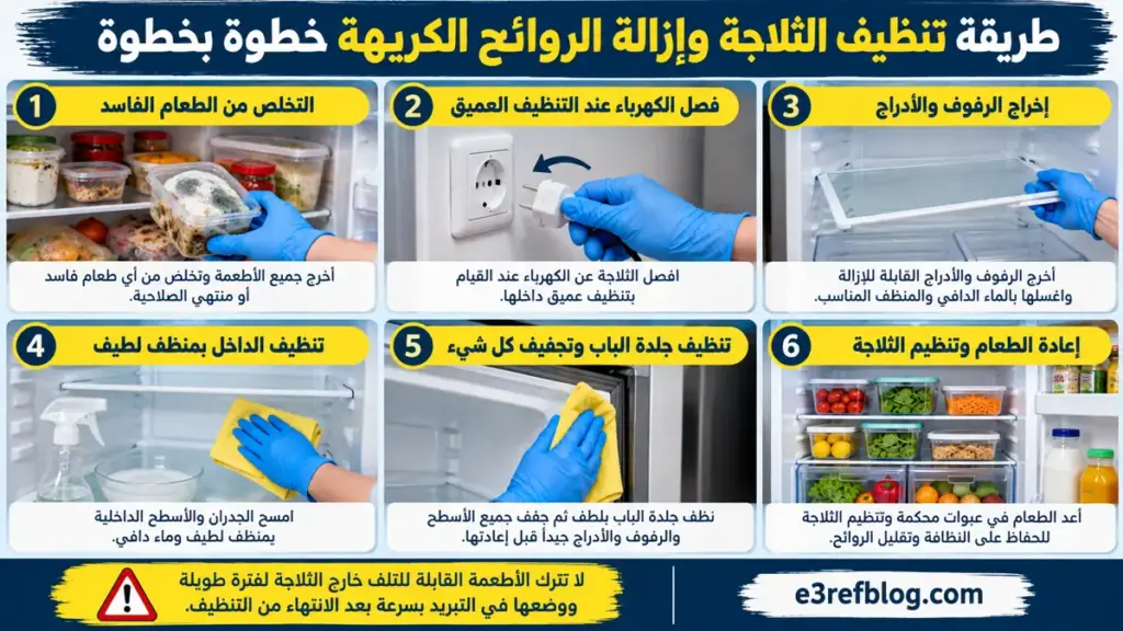خطوات تنظيف الثلاجة وإزالة الطعام الفاسد وتنظيف الرفوف والأدراج والتخلص من الروائح.
