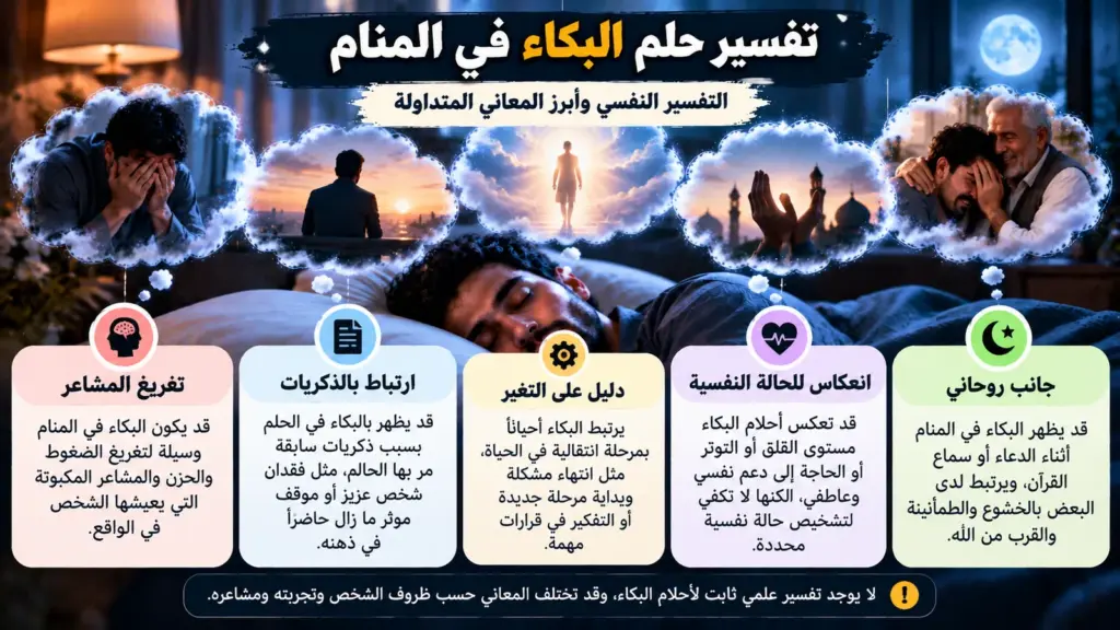 التفسير النفسي لحلم البكاء في المنام وعلاقته بالمشاعر والذكريات والتوتر والحزن والتجارب اليومية.