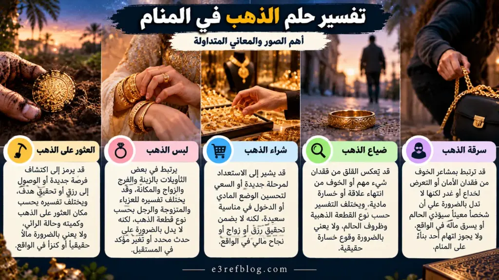 تفسير حلم الذهب في المنام ومعاني العثور على الذهب ولبسه وشرائه وضياعه وسرقته وأشهر التأويلات المتداولة.