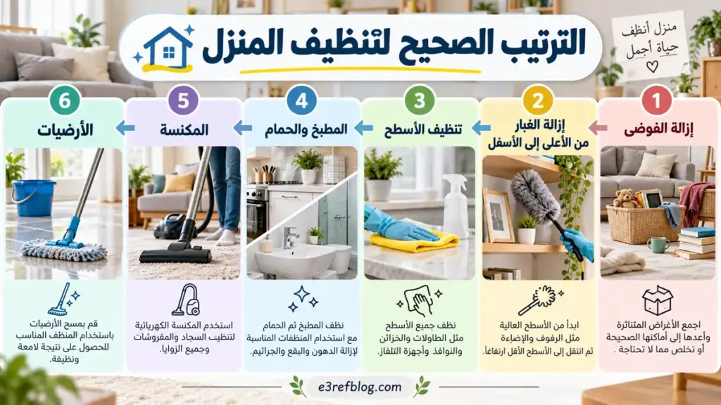 الترتيب الصحيح لتنظيف المنزل من الأعلى إلى الأسفل وترك الأرضيات للنهاية
