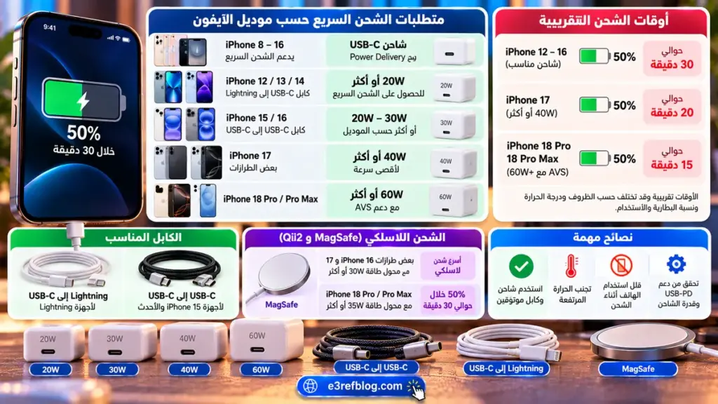 دليل اختيار الشاحن المناسب للآيفون وقدرات الشحن السريع حسب الموديل
