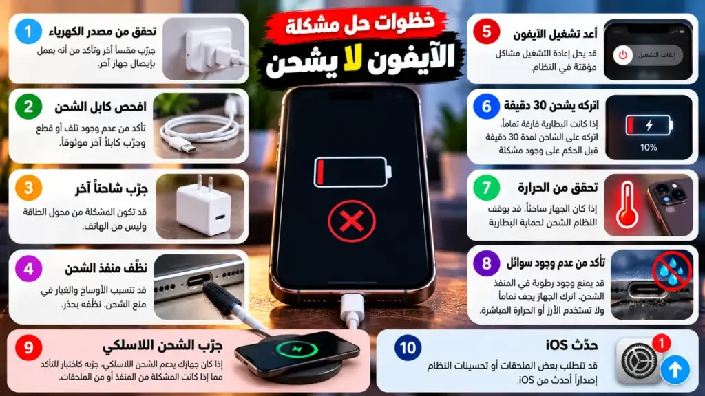 خطوات حل مشكلة الآيفون لا يشحن وفحص الكابل والشاحن ومنفذ الشحن