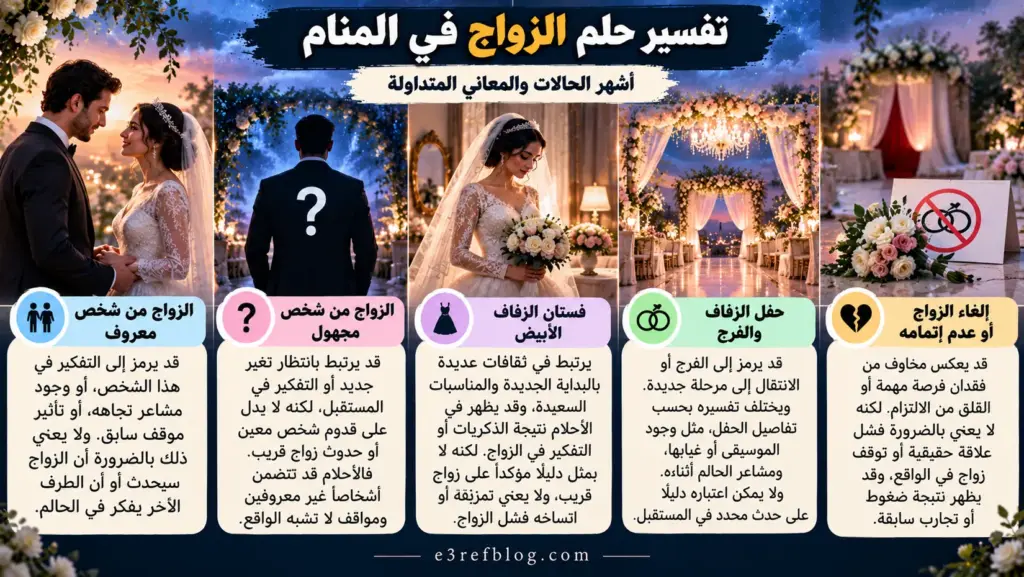تفسير حلم الزواج من شخص معروف أو مجهول في المنام ورؤية فستان الزفاف الأبيض وحفل العرس وإلغاء الزواج ودلالاتها المتداولة.