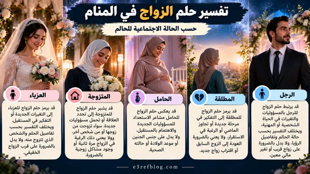 تفسير حلم الزواج في المنام حسب الحالة الاجتماعية للعزباء والمتزوجة والحامل والمطلقة والرجل وأشهر التأويلات المتداولة.