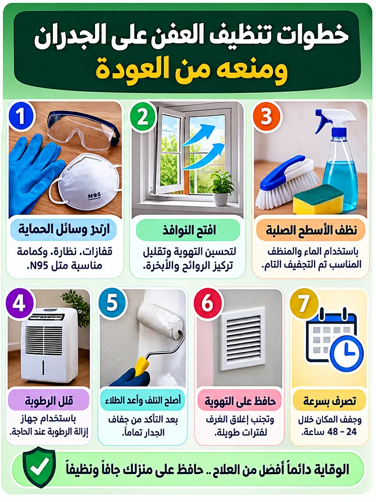 خطوات تنظيف العفن على الجدران ومنع عودته ومعالجة مصدر الرطوبة