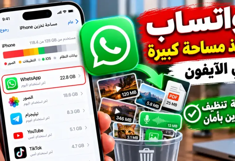 واتساب يأخذ مساحة كبيرة في الآيفون وطريقة تنظيف التخزين بأمان وحذف الملفات الكبيرة