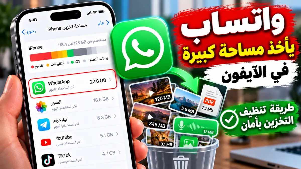 واتساب يأخذ مساحة كبيرة في الآيفون وطريقة تنظيف التخزين بأمان وحذف الملفات الكبيرة