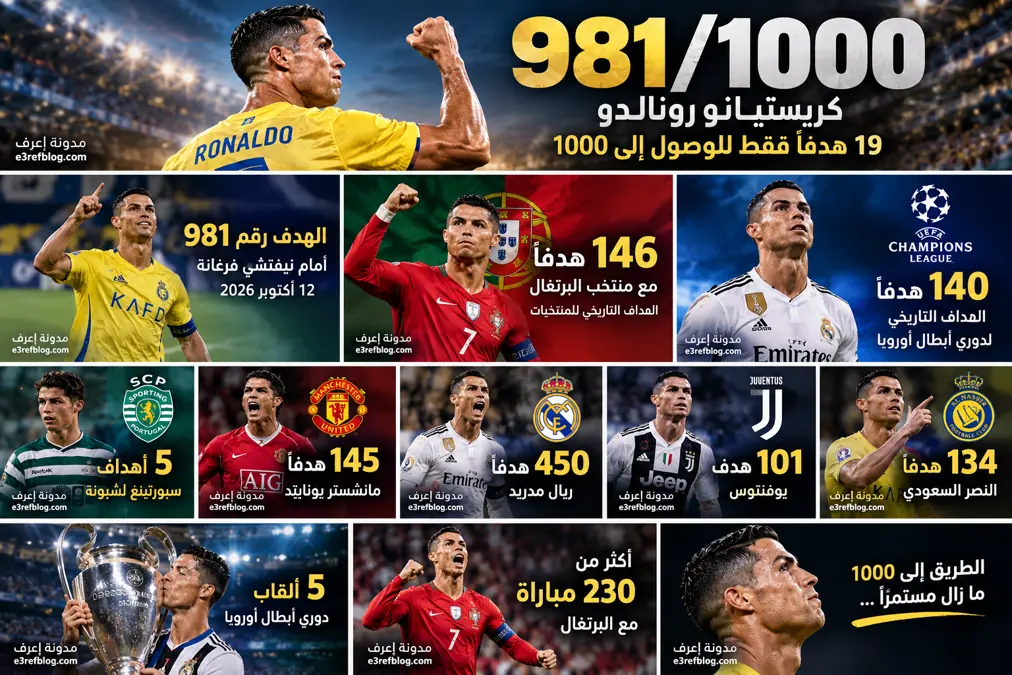 توزيع أهداف كريستيانو رونالدو مع سبورتينغ ومانشستر يونايتد وريال مدريد ويوفنتوس والنصر والبرتغال