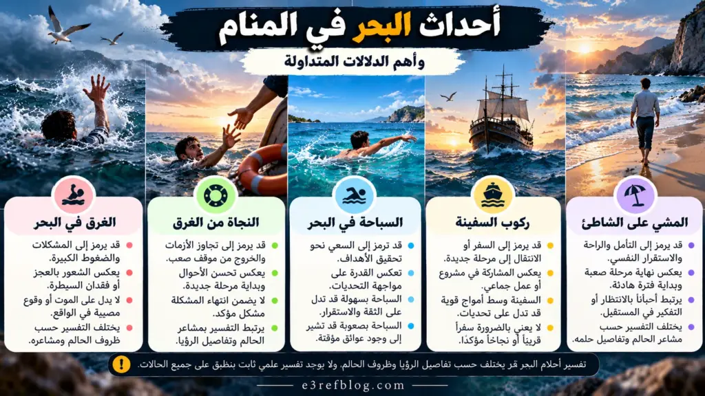 تفسير حلم البحر في المنام ومعاني الغرق والنجاة من الغرق والسباحة في البحر وركوب السفينة والمشي على شاطئ البحر.