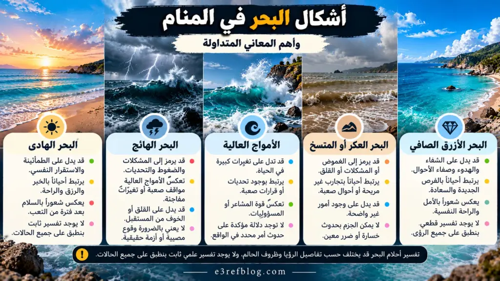 تفسير حلم البحر في المنام وأشكال البحر الهادئ والهائج والأمواج العالية والبحر العكر والأزرق الصافي وأشهر دلالاتها المتداولة.