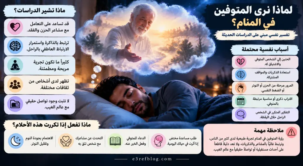التفسير النفسي لرؤية الميت في المنام وعلاقة أحلام المتوفين بالذكريات والاشتياق والحزن والتكيف مع فقدان الأحبة.