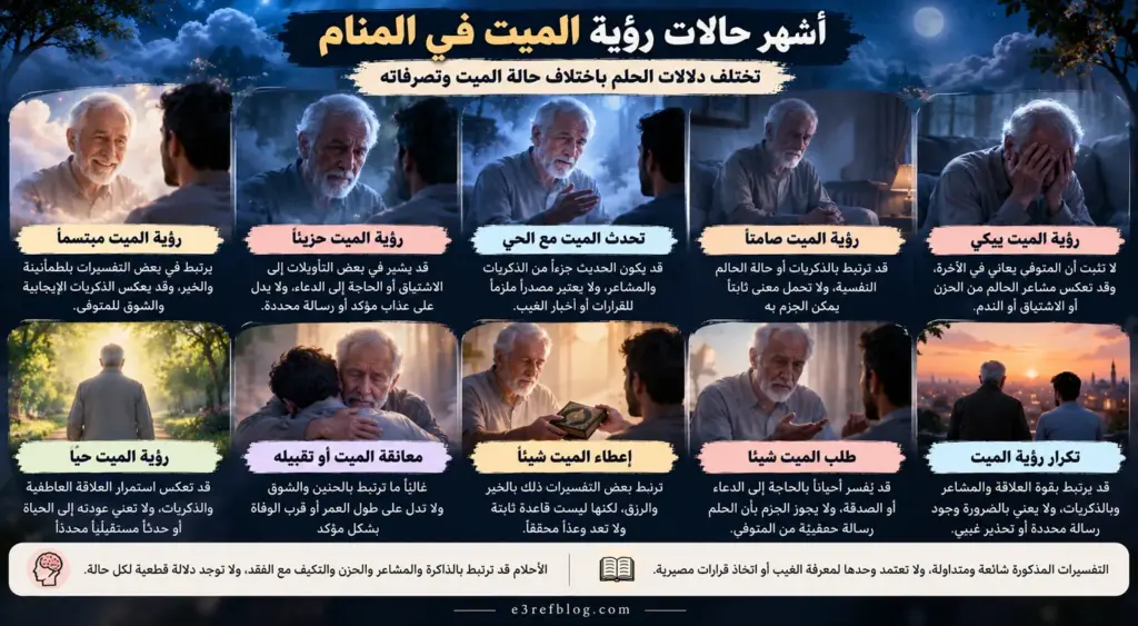 تفسير رؤية الميت في المنام وأشهر الحالات مثل رؤية الميت مبتسماً أو حزيناً أو صامتاً أو يتحدث مع الحي، ودلالاتها المتداولة.