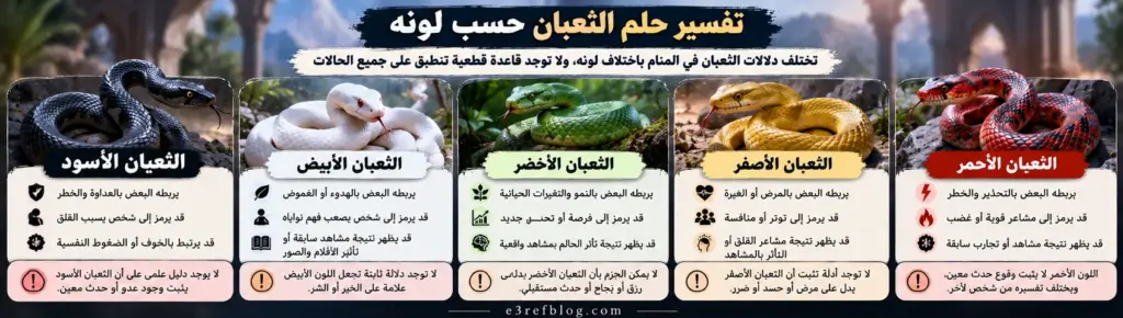تفسير حلم الثعبان في المنام حسب لونه، ومعاني رؤية الثعبان الأسود والأبيض والأخضر والأصفر والأحمر.