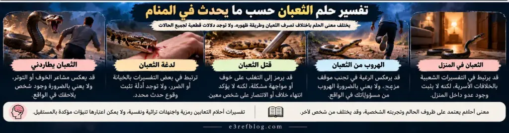 تفسير حلم الثعبان في المنام ومعاني مطاردة الثعبان ولدغته وقتله والهروب منه ورؤيته داخل المنزل.