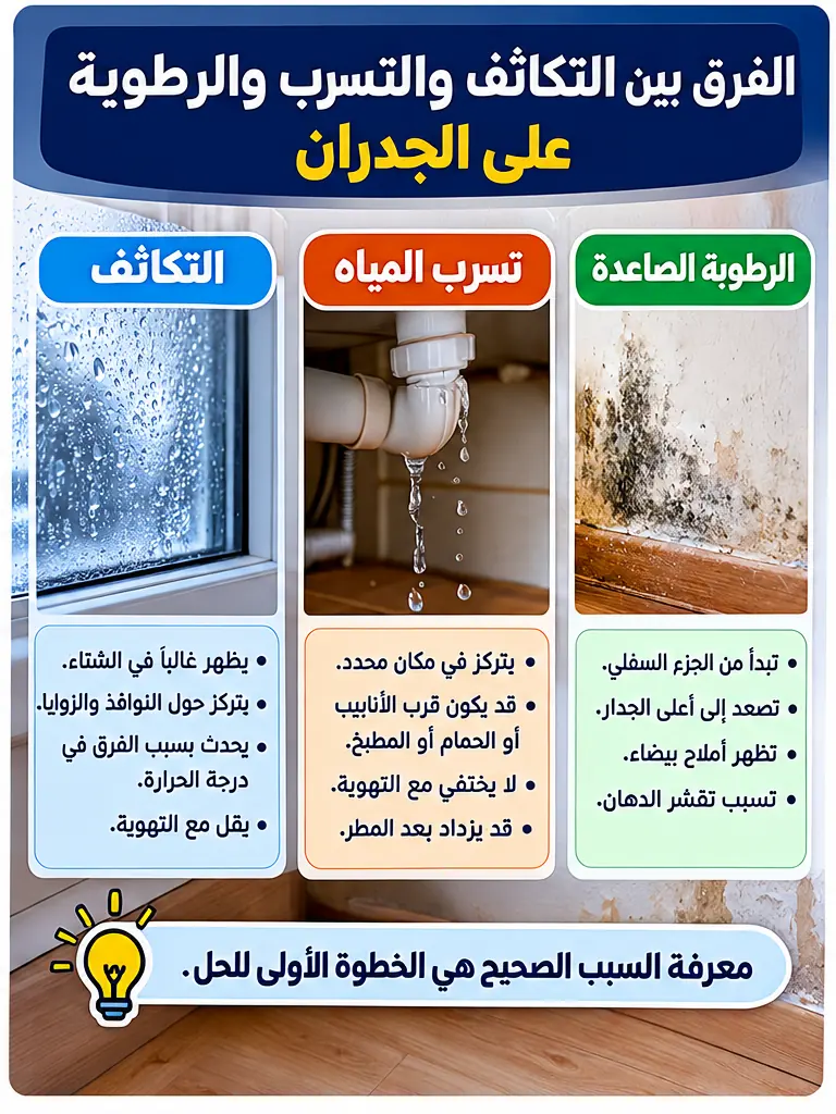 الفرق بين التكاثف وتسرب المياه والرطوبة الصاعدة على الجدران