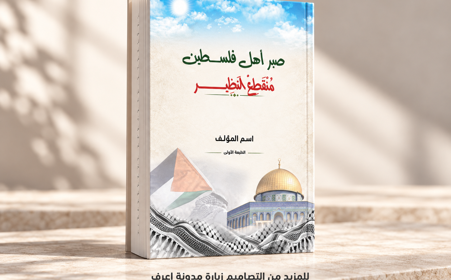 غلاف كتاب فلسطيني PSD معروض على مجسم كتاب ثلاثي الأبعاد.